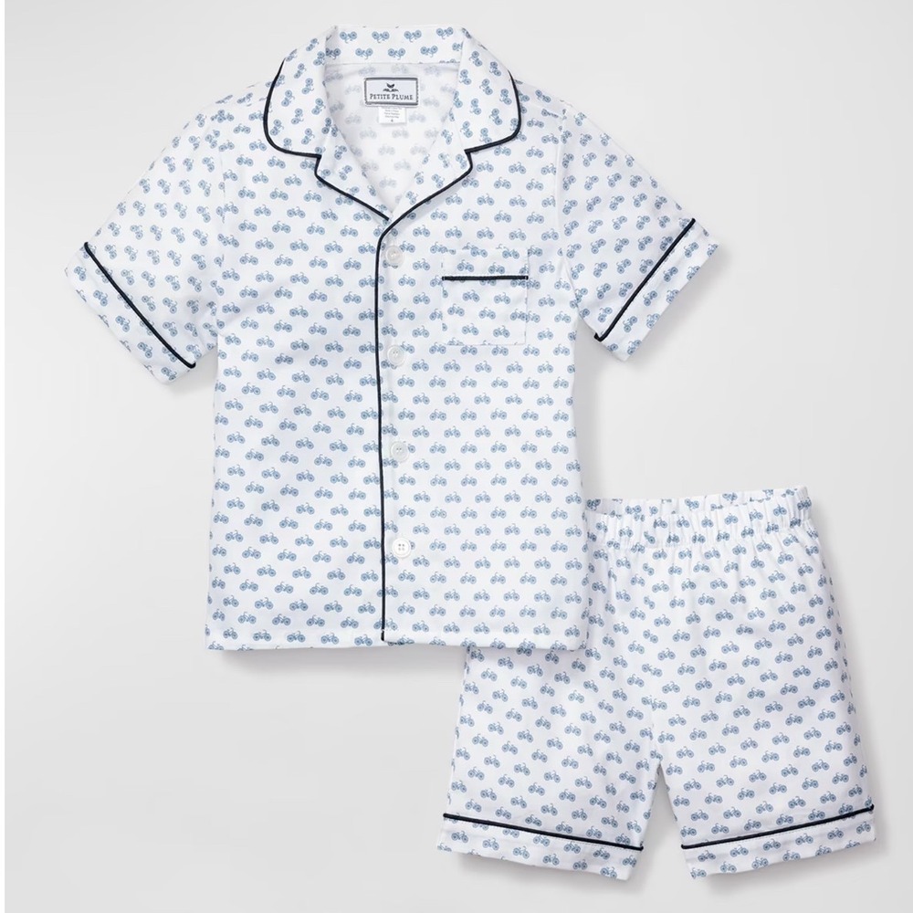 New Petite Plume Boys 12 Bicyclette Short Pajama Set White Navy Luxury Cotton